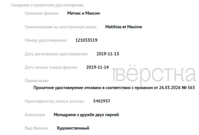 С 1 марта Министерство культуры лишило прокатных удостоверений как минимум семь картин — три зарубежные с ЛГБТ‑сюжетами и четыре российских фильма. В реестре ведомства не указаны официальные причины отзывов.