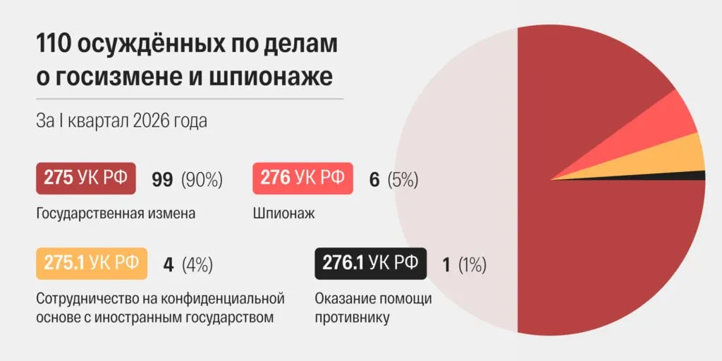 Суды ускорили рассмотрение дел: число приговоров по обвинениям в государственной измене и шпионаже достигло рекордного уровня. Многие осуждённые также обвиняются по «террористическим» статьям, а персональные данные в большинстве дел скрыты.