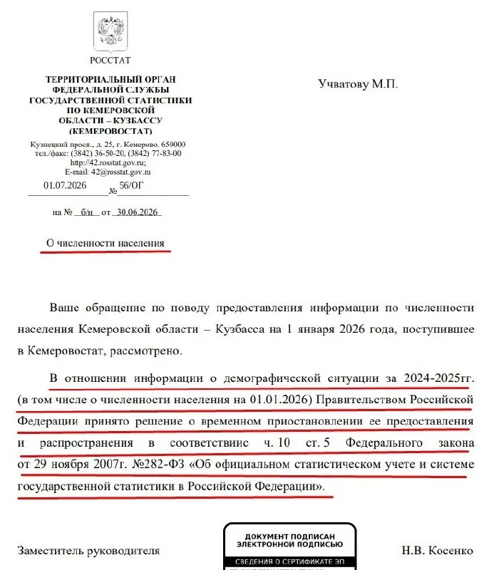 Правительство РФ временно приостановило предоставление официальных данных о численности населения за 2024–2025 годы. Кемеровостат подтвердил это в ответе на запрос кузбасского общественника, сославшись на изменения в федеральном законе.