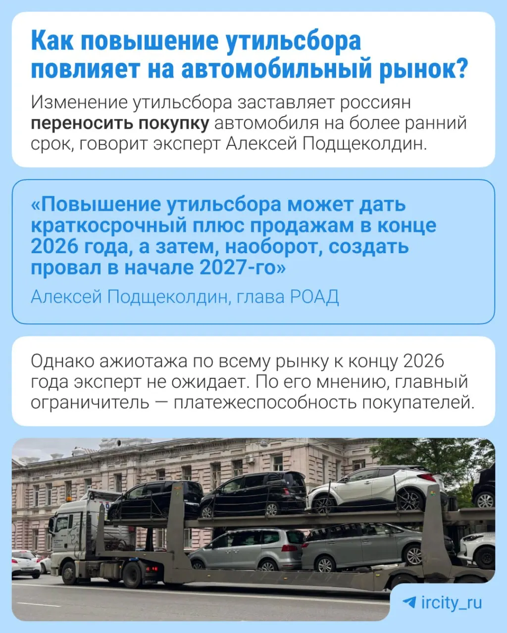 С 1 января 2027 года утильсбор вырастет на 10–20% в зависимости от типа техники. Это этап долгосрочной политики индексации, утверждённой в 2024 году.